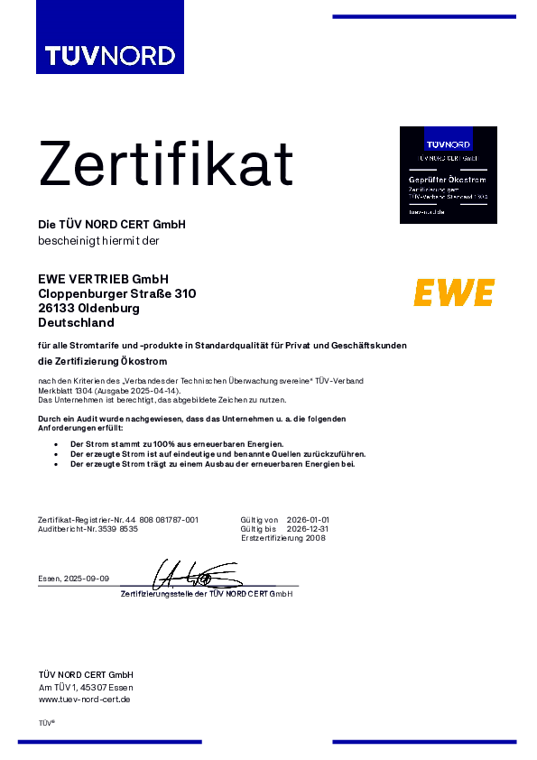 TÜV Ökostrom Zertifikat EWE